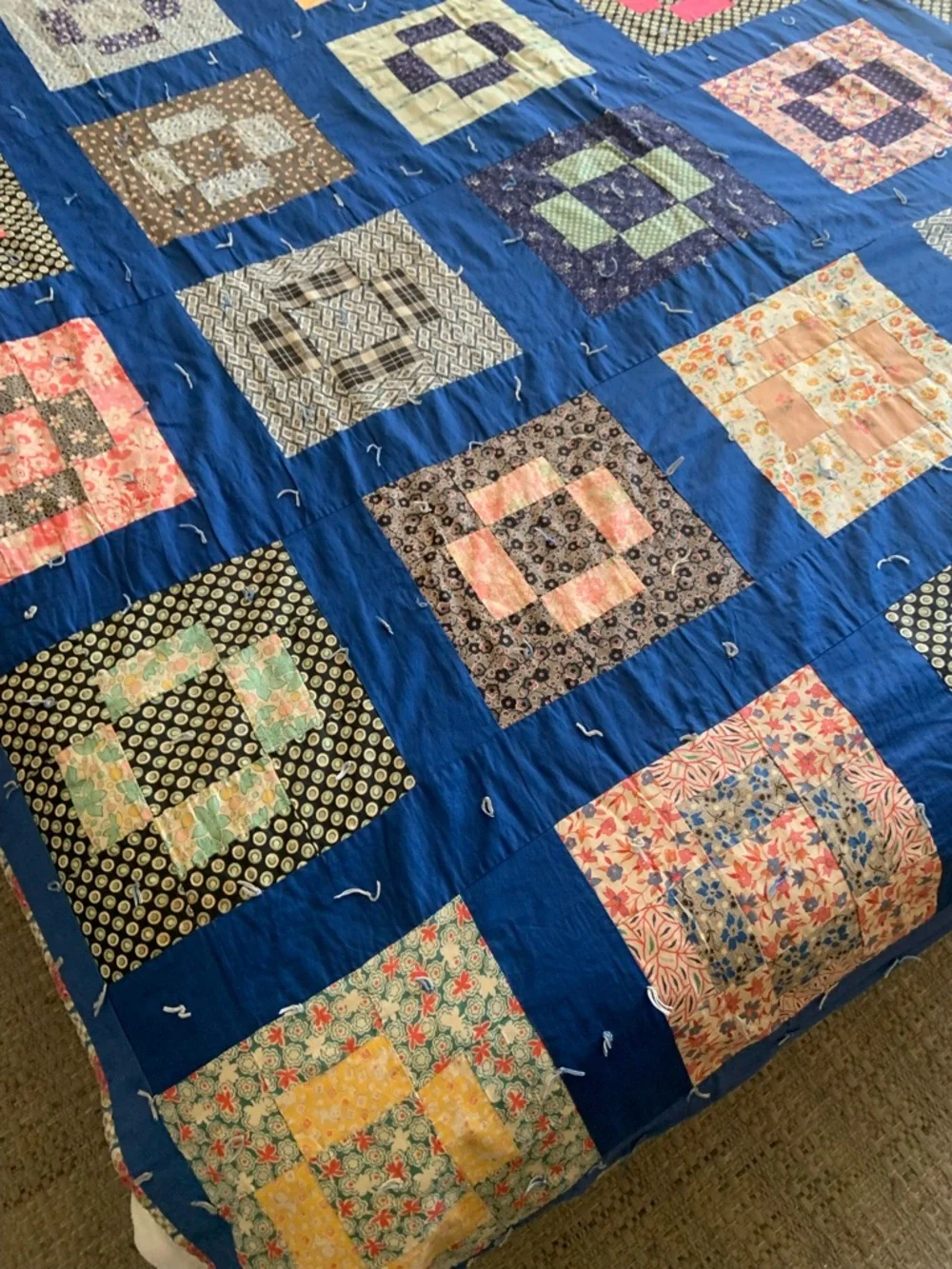 Vintage Handmade Patchwork Quilt Bedspread in Blue